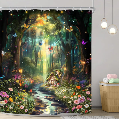 Fantasy Shower Curtain Fairy Beautiful Wonderland Woodland Tree Wildflower Floral Garden Butterfly Plant Tale Nature Bathroom