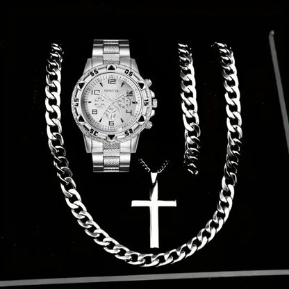 4PCS Fashion Arabic Dial Men Business Watches Bracelet Necklaces Set Luxury Mens Quartz Wristwatch Reloj Hombre（Without Box）