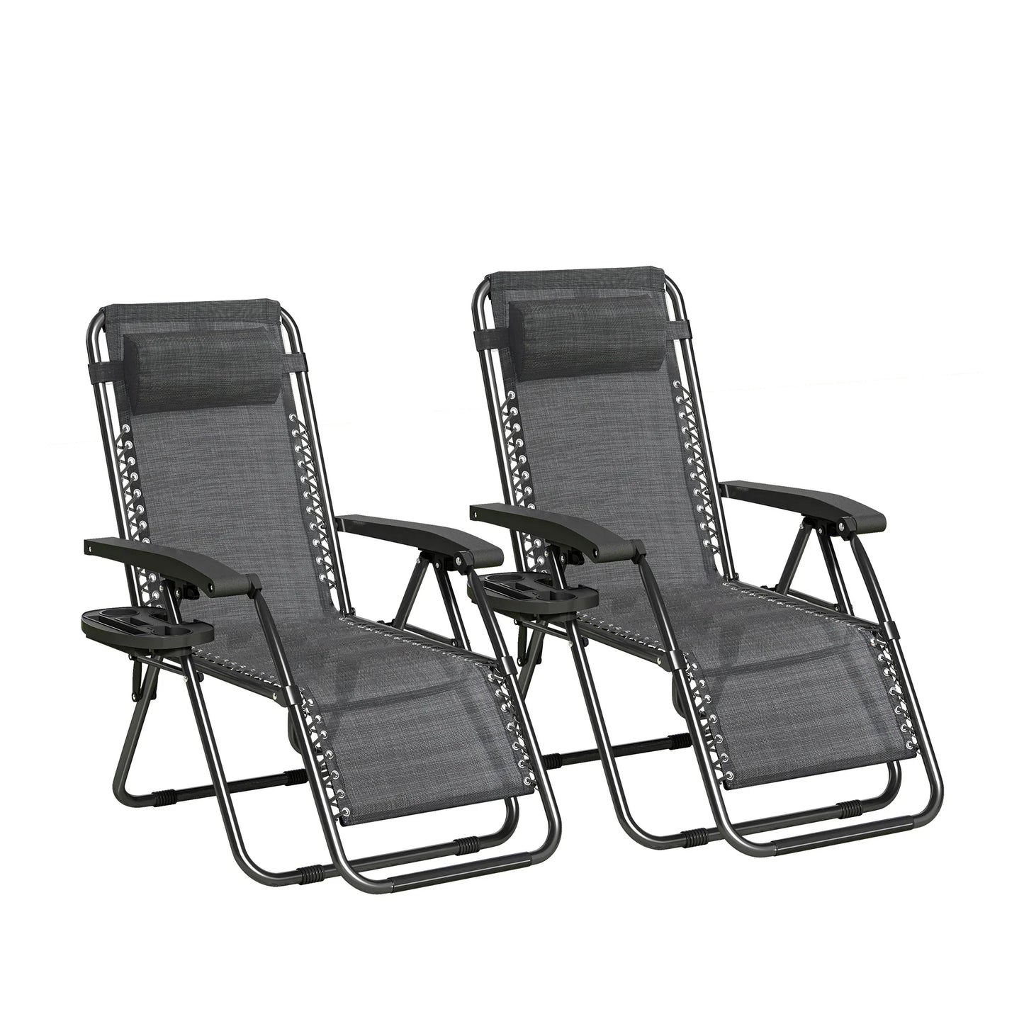 Zero Gravity Reclining Chair Set of 2 – Folding Outdoor & Garden Chairs with Textilene Fabric, Cup Holder and Headrest Pillow