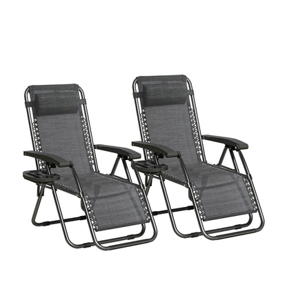 Zero Gravity Reclining Chair Set of 2 – Folding Outdoor & Garden Chairs with Textilene Fabric, Cup Holder and Headrest Pillow