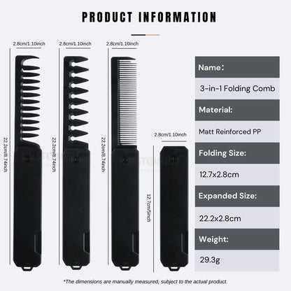 Professional 3 in 1 Pocket Folding Combs Wide Tooth Oil Head Comb Beard Combing Barber Hair Clipper Comb Salon Hair Styling Tool