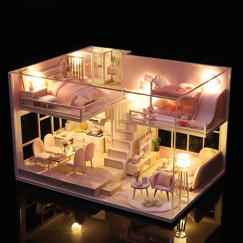 DIY Wooden Doll House Handmade Duplex Apartment Production 3D Puzzle Assembly Building Duplex Apartment Model Toy Children Gifts