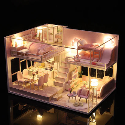 DIY Wooden Doll House Handmade Duplex Apartment Production 3D Puzzle Assembly Building Duplex Apartment Model Toy Children Gifts