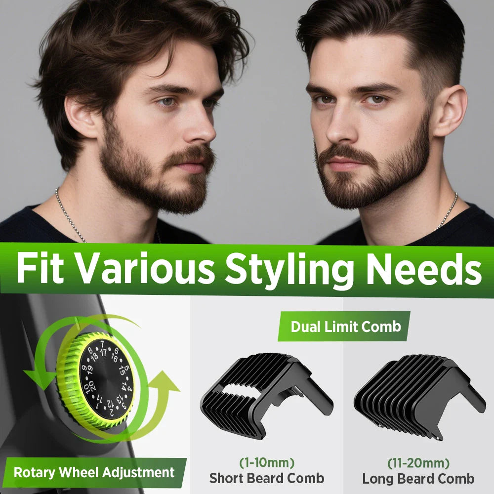Cordless Men Beard Trimmer Rechargeable Electric Shaver with 20 Trim Built-in Vacuum Clipper for Mustache Sideburns Grooming Kit