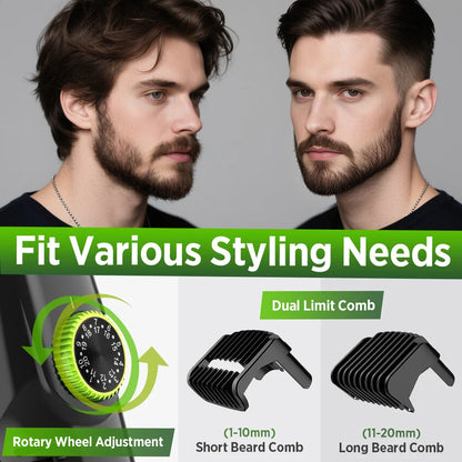 Cordless Men Beard Trimmer Rechargeable Electric Shaver with 20 Trim Built-in Vacuum Clipper for Mustache Sideburns Grooming Kit
