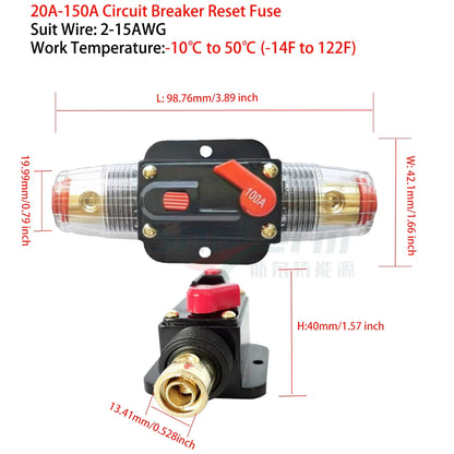 Circuit Breaker 12V 24V 20A 30A 40A 50A 60A 80A 100A Auto Car Bike Stereo Audio Solar Energy Circuit Breaker Reset Fuse Inverter