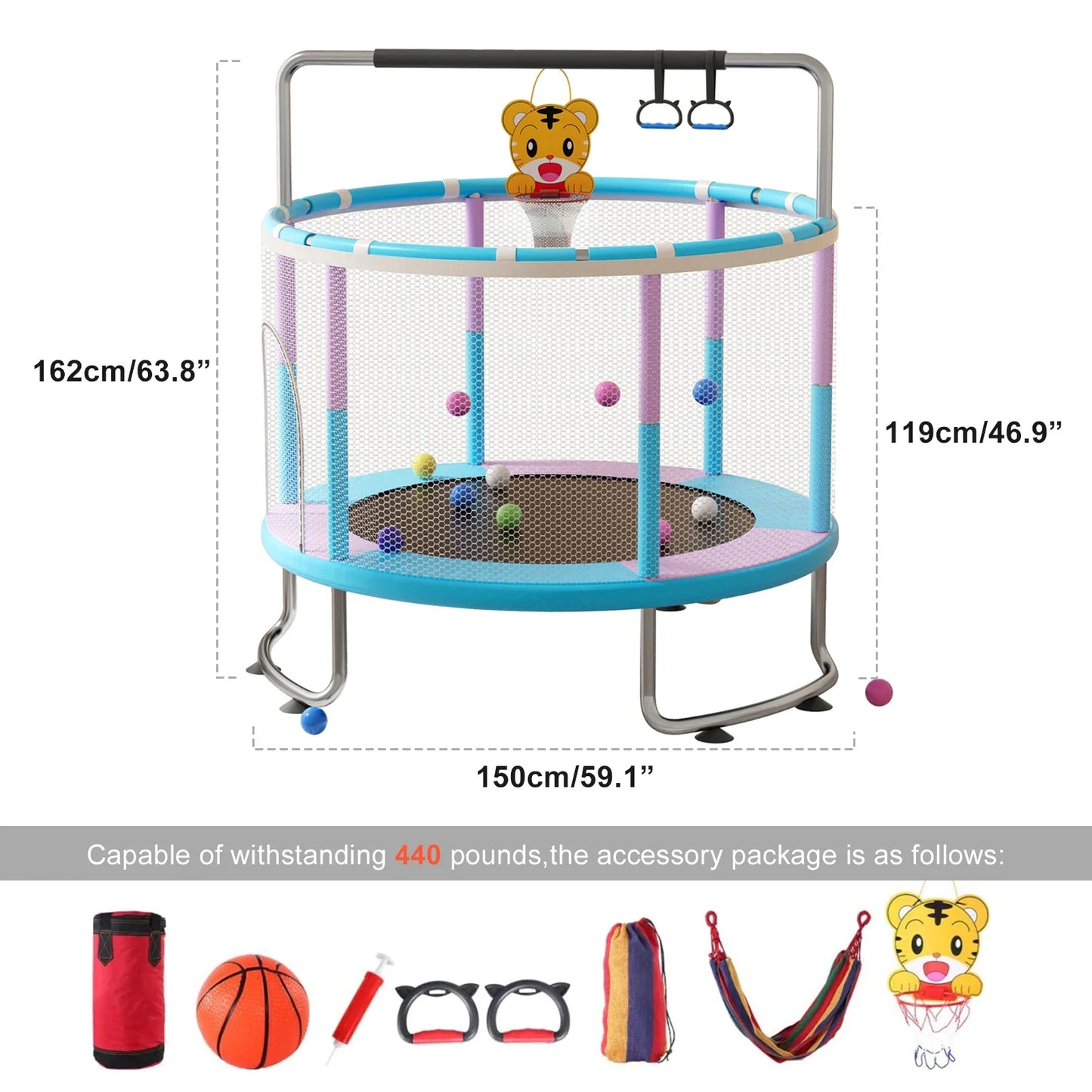 Kids Trampoline, Adjustable Toddler Trampoline with Basketball Hoop, Swing, Sandbag, Ocean Balls,Trampoline with Enclosure Net