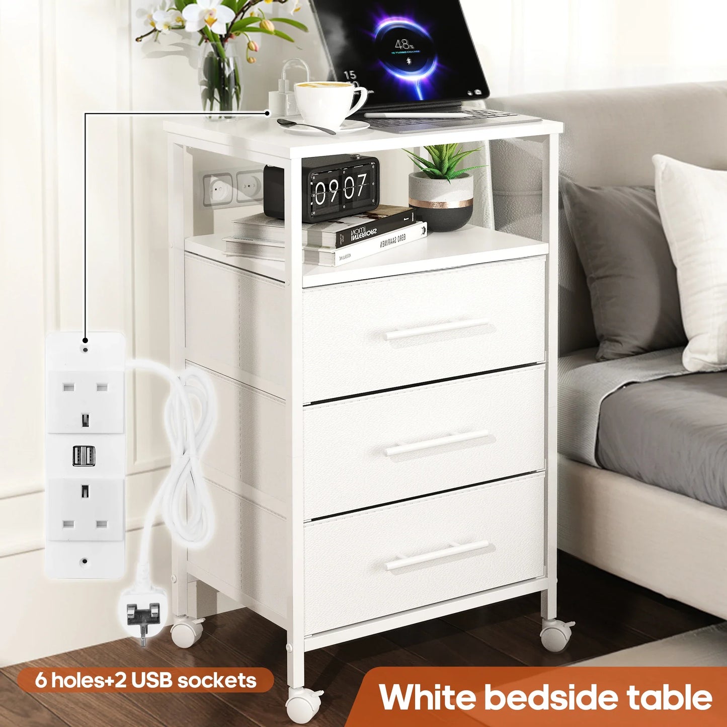 Bedside Table With Charging Station Nightstand With 2 Outlets And 2 USB Ports With 4 Castors