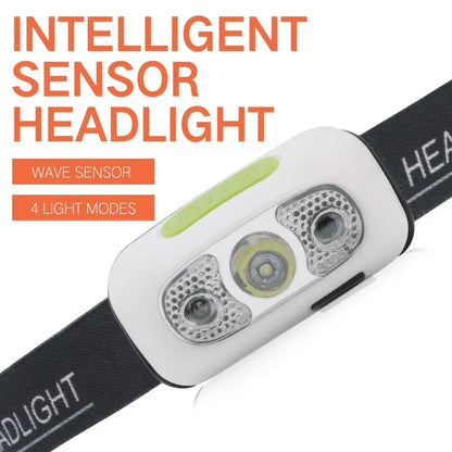 Mini LED Headlamp USB Rechargeable Headlight Wave Sensor Head Flashlight Outdoor Houshold Lamp for Camping Hiking Emergency Fish
