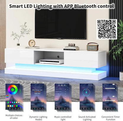 Frontal high-gloss TV stand with 16 RGB LEDs, 2 drawers, and 1 open storage space for 70-79-inch TV stand in living room