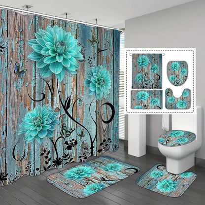 4-piece set of blue white jade orchid waterproof printed shower curtains with 12 hooks, bathroom floor mats