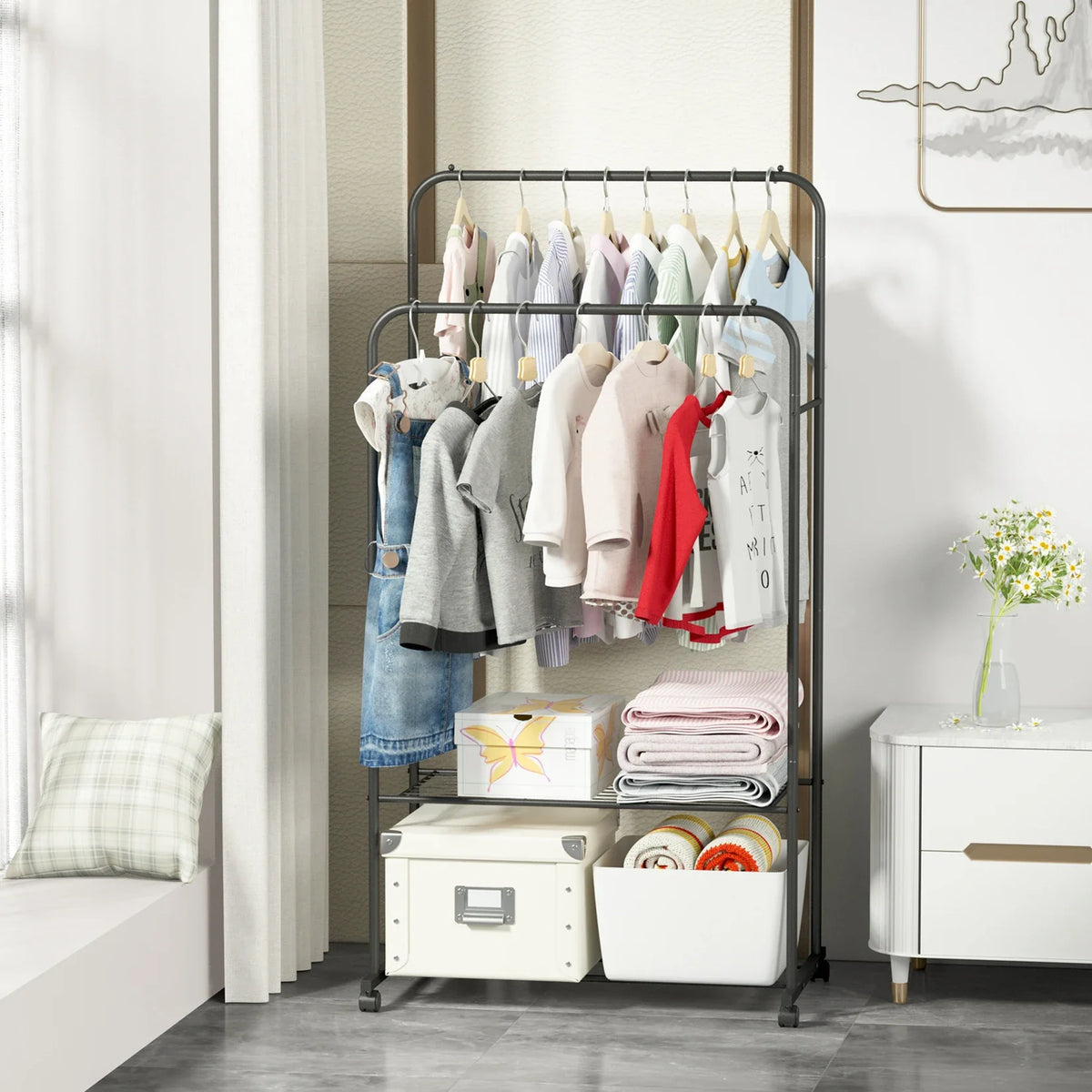1.5m Large Clothes Rack Double Rail Rolling Stand Shoes Rack Storage Shelf White