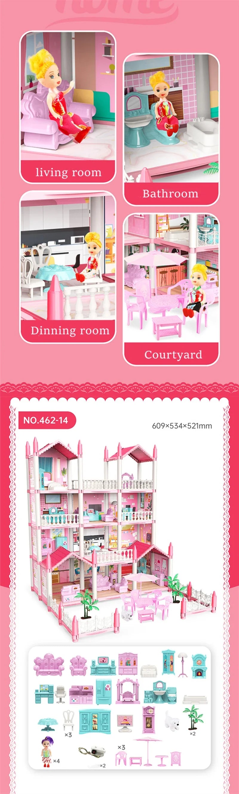 Girls Toddler Doll House - Large Doll House with 4 Dolls, Furniture, Accessories, LED Lights, 4 Stories Princess Dream House Toy