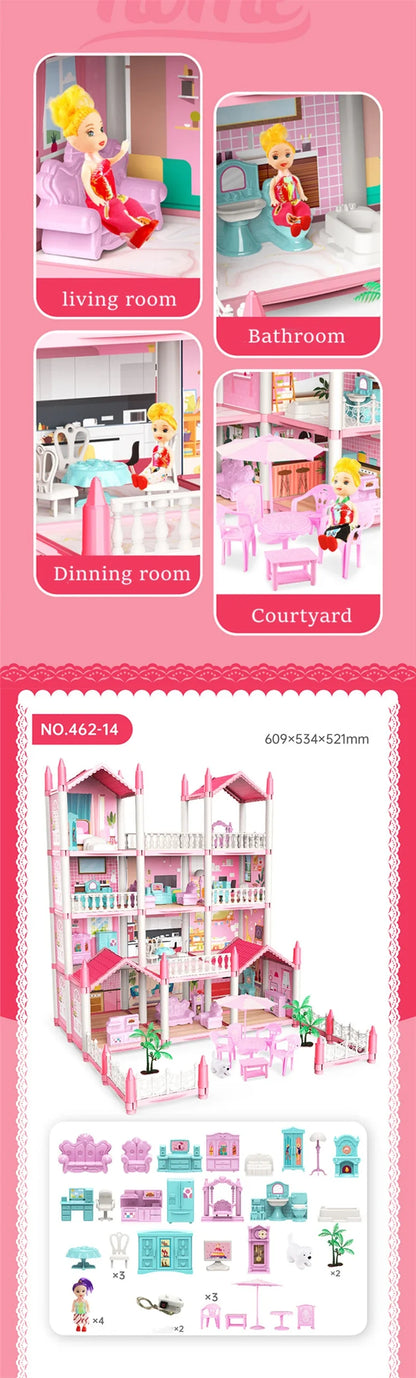 Girls Toddler Doll House - Large Doll House with 4 Dolls, Furniture, Accessories, LED Lights, 4 Stories Princess Dream House Toy