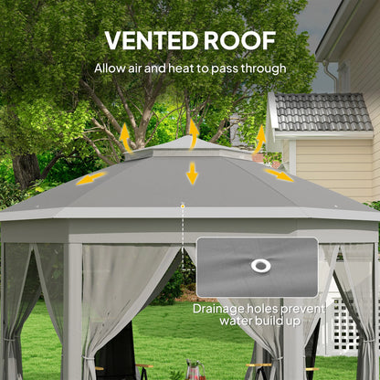 Outsunny 3 x 4m Garden Gazebo Hexagon Pop Up Party Tent Canopy Double Roof Instant Shelter with Netting and Carry Bag，Dark Grey