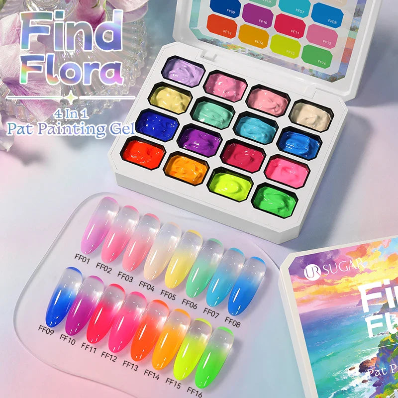 UR SUGAR 4 in 1 16 Colors Pat Painting Gel For Gradient  Stamping Drawing Pattern UV/LED  Gradient Patting Gel Palette
