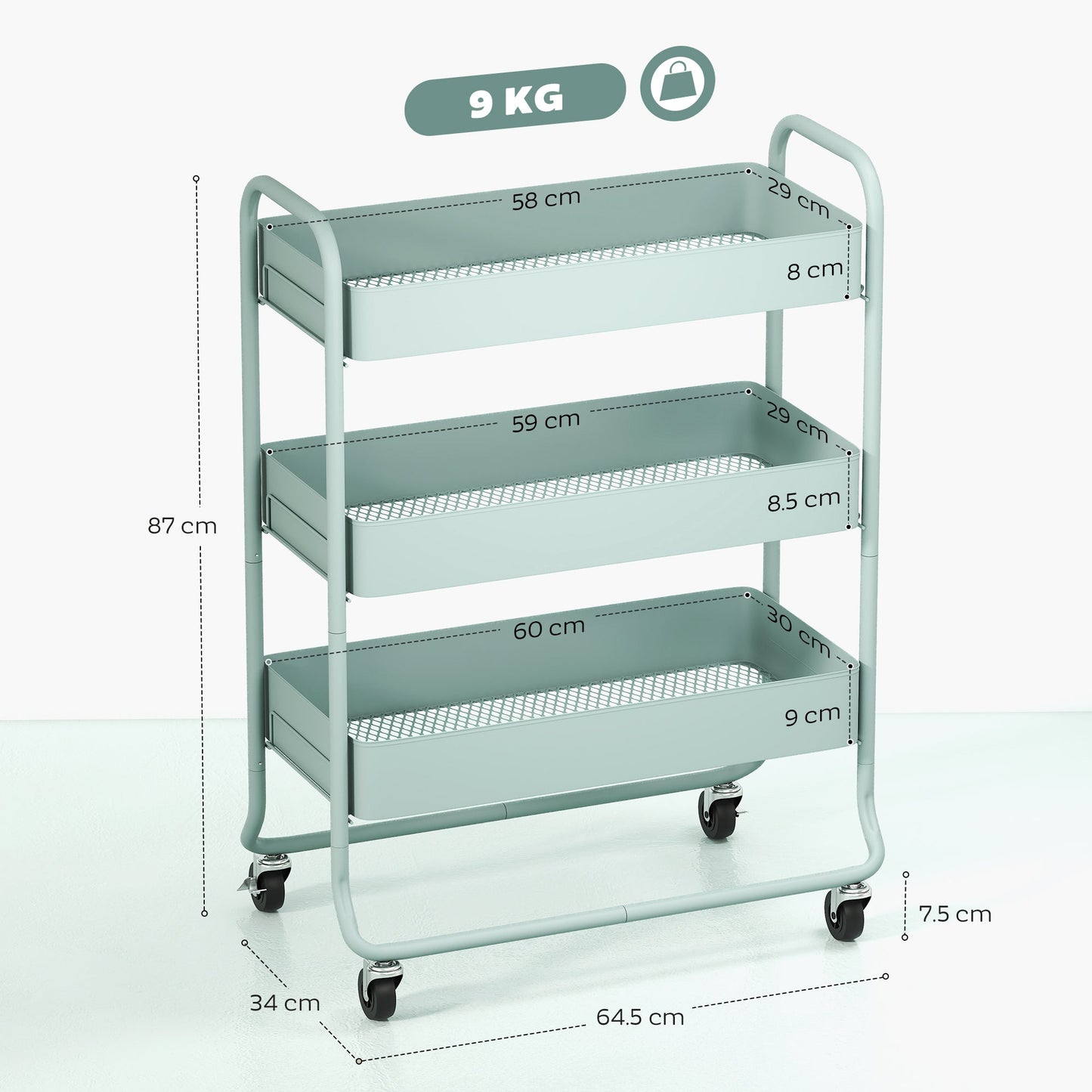 HOMCOM 3-Tier Storage Trolley on Wheels, Rolling Utility Cart with Mesh Backets for Kitchen, Bathroom, Bedroom, Light Green
