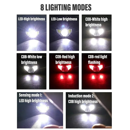 1-3PCS Rechargeable LED Headlamp Sensor Headlight With COB and LED Beads 8 Lighting Modes White and Red Light Fishing Light