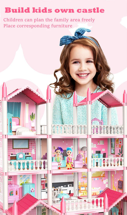Girls Toddler Doll House - Large Doll House with 4 Dolls, Furniture, Accessories, LED Lights, 4 Stories Princess Dream House Toy