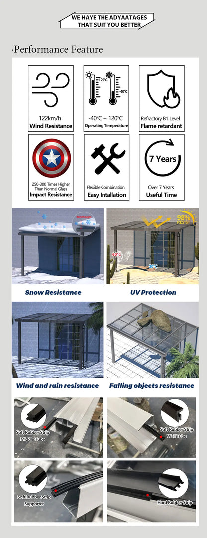 Waterproof Aluminum Outdoor Pergola with Curved Polycarbonate Top Easy Assembly Custom Size for Garden Backyard