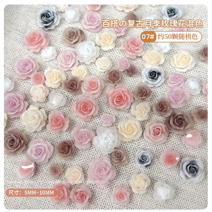50PCS 3D Mix Sizes Beautiful Blossoming Rose Flowers Resin Adhesive Nail Art Rhinestones Decorations Manicure Kawaii Charms