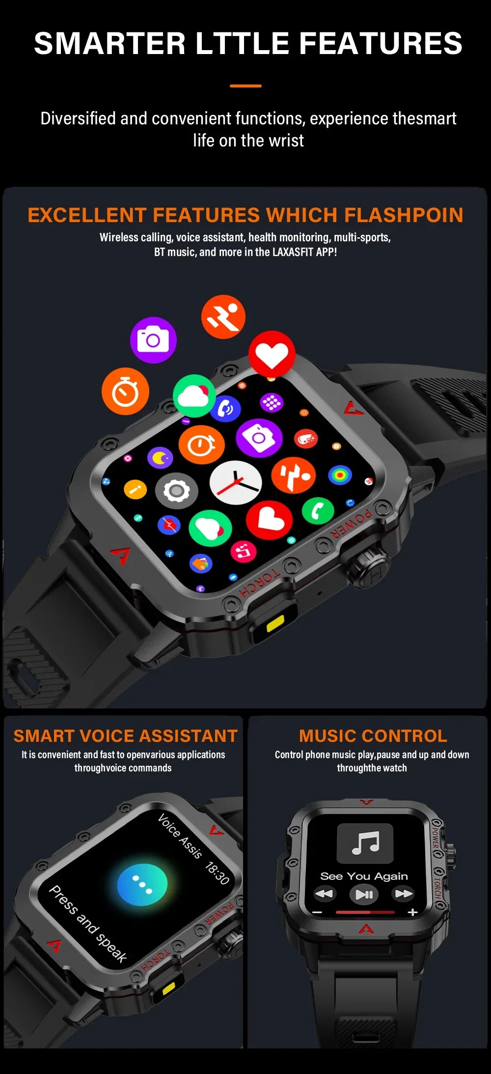 LAXASFIT 2026 New Men's Smart Watch Outdoor Sports Watch 1.85 Inch Voice Assistant Bluetooth Call LED Flashlight Smartwatch