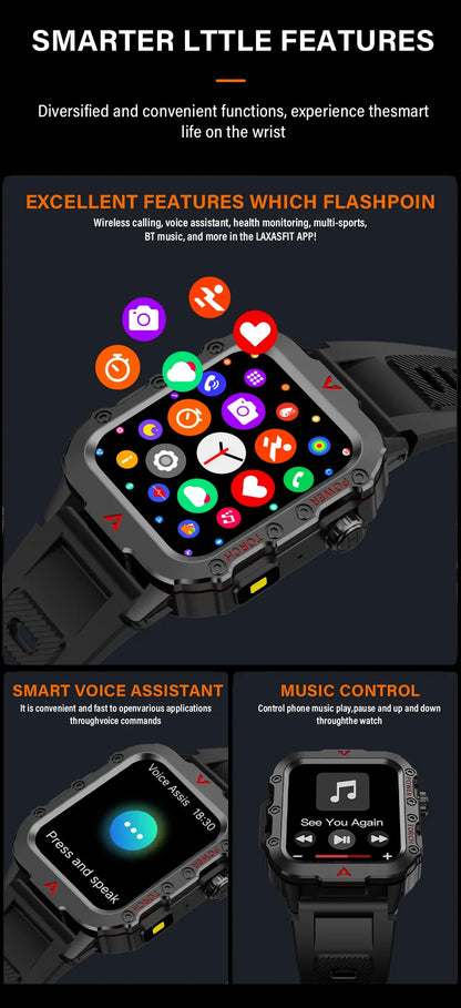 LAXASFIT 2026 New Men's Smart Watch Outdoor Sports Watch 1.85 Inch Voice Assistant Bluetooth Call LED Flashlight Smartwatch
