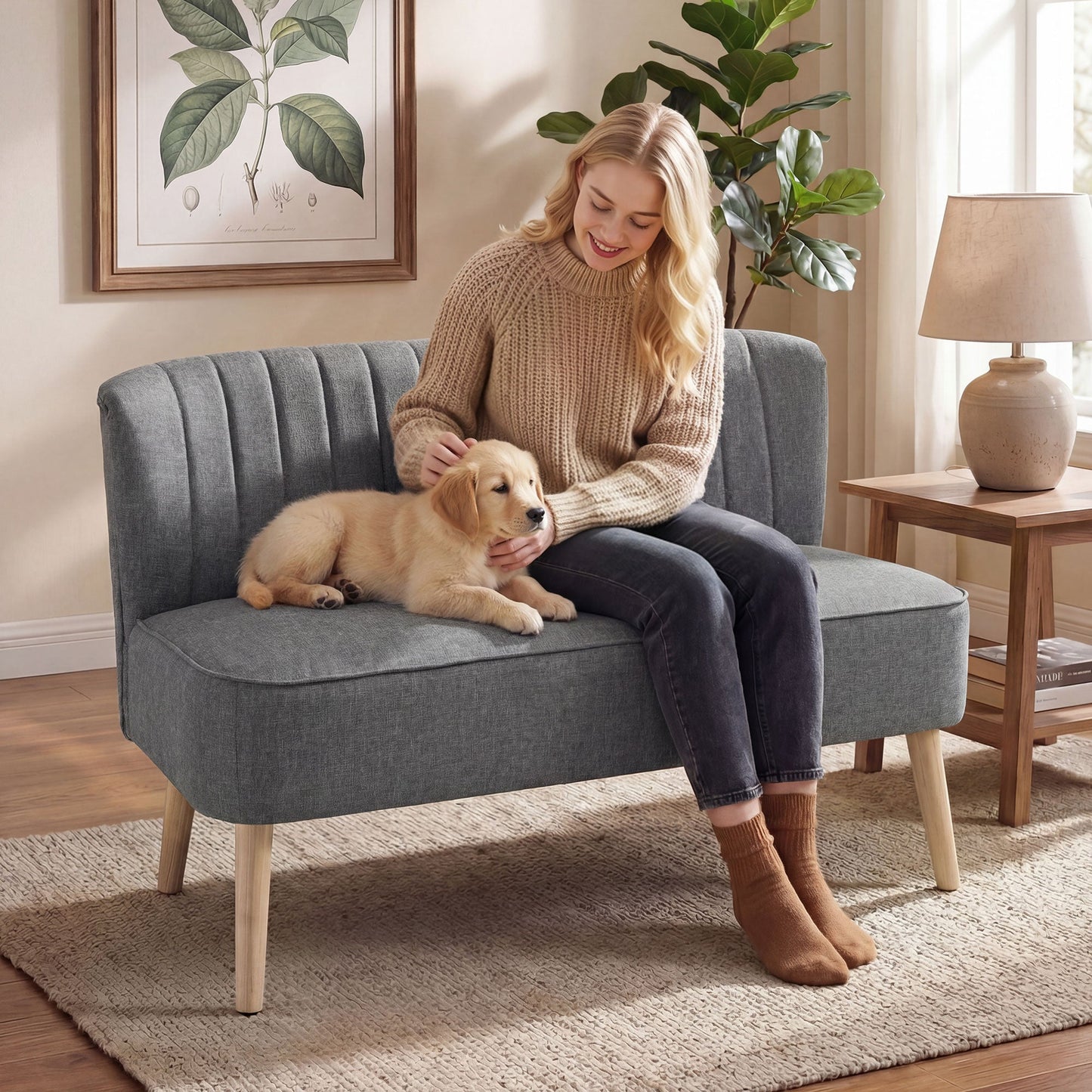 HOMCOM 117cm Loveseat Sofa Upholstered Small 2 Seater Sofa with Thick Padded Seat and Rubber Wood Legs, Grey