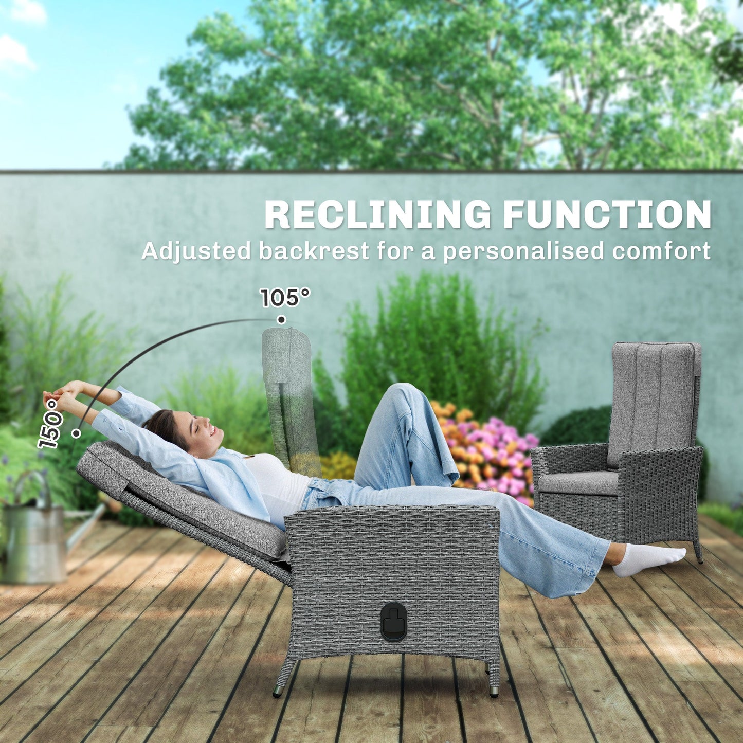 Outsunny 105°-150° Reclining Rattan Chair - Light Grey