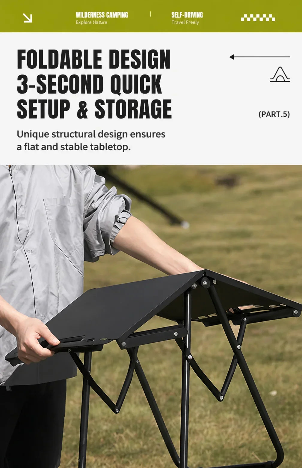 Green Portable Foldable Camping Table, Hollow Edge Hangable Design, Lightweight Durable Table for Picnic Beach Outdoor Travel