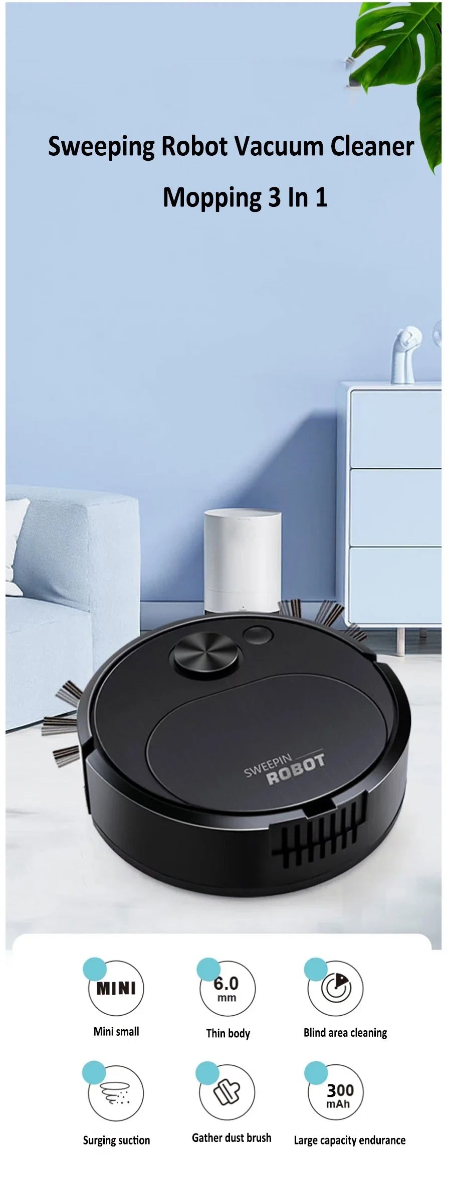 Smart USB Sweeping Robot Vacuum Cleaner 3-in-1 Wireless Mopping 1800Pa Powerful Cleaning for Home Office Floors