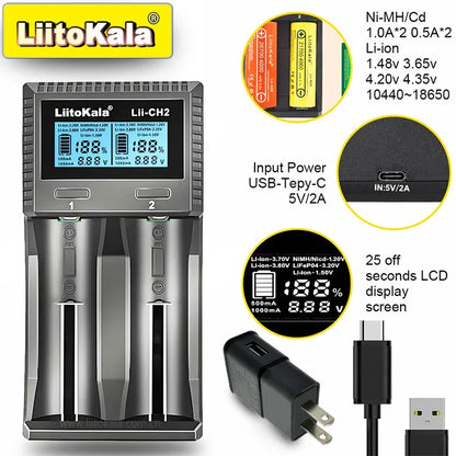 LiitoKala Lii-CH4 Smart Charger for 18650/21700/26650/AA/AAA/Ni-MH/Li-ion,1.2V/1.5V 4-Slot Fast Charge, USB-C, Auto Detect