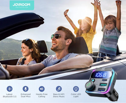 JOYROOM 81W Bluetooth 6.0 Car FM Transmitter Dual Mics PD&QC 3.0 Car Fast Charging Charger Adapter U Disk Hands-Free Calling