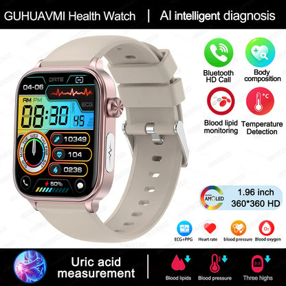 2025 New AI Diagnosis Blood Lipids Uric Acid Body composition Test Smart Watch For Men ECG+PPG Bluetooth Call Health Smartwatch