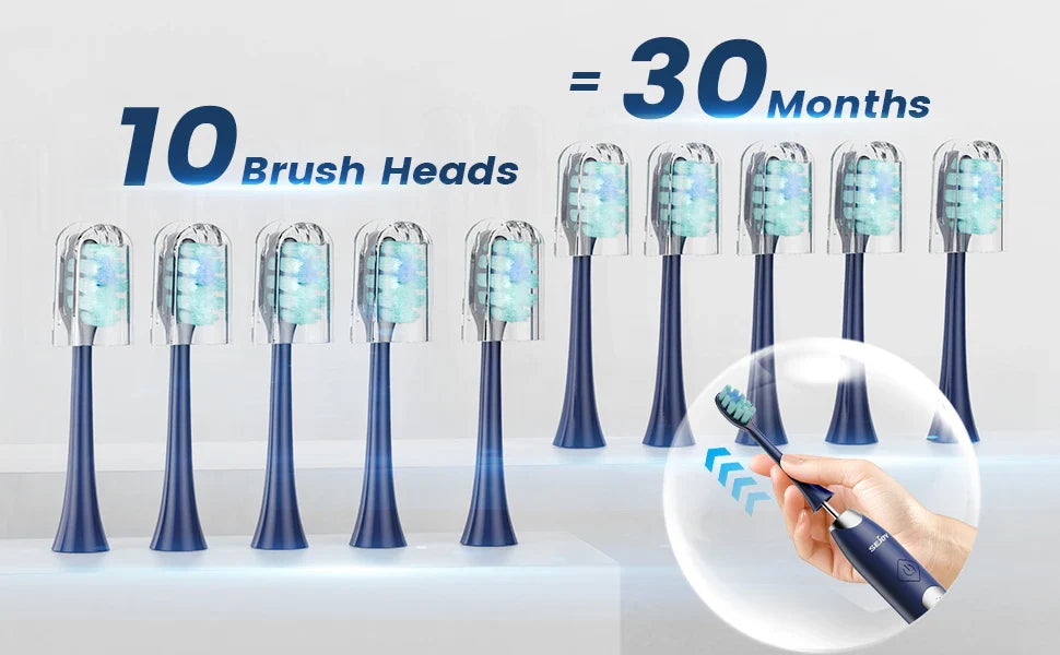 Sejoy Electric Sonic Toothbrush with 10 pcs Replacement Heads Rechargeable Waterproof Tooth Brushes for Home Travel