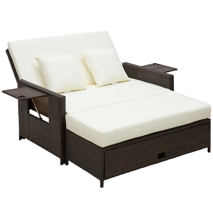 Outsunny 2 Seater Assembled Garden Patio Outdoor Rattan Furniture Sofa Sun Lounger Daybed with Fire Retardant Cotton - Black
