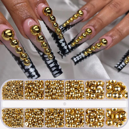 12Grid Shiny Silver Half Round Metal Caviar Bead Nail Rivets Charms 2/3/4/5/6/8mm Flatback Pearl Balls Nail Art Studs Y2k Decora