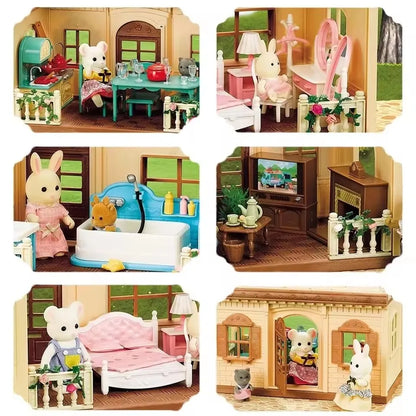 Family Dollhouse Furniture Playset Cabin Doll House DIY Cottage Pretend Play Kitchen Dollhouses Rabbit Dolls Birthdays Gifts