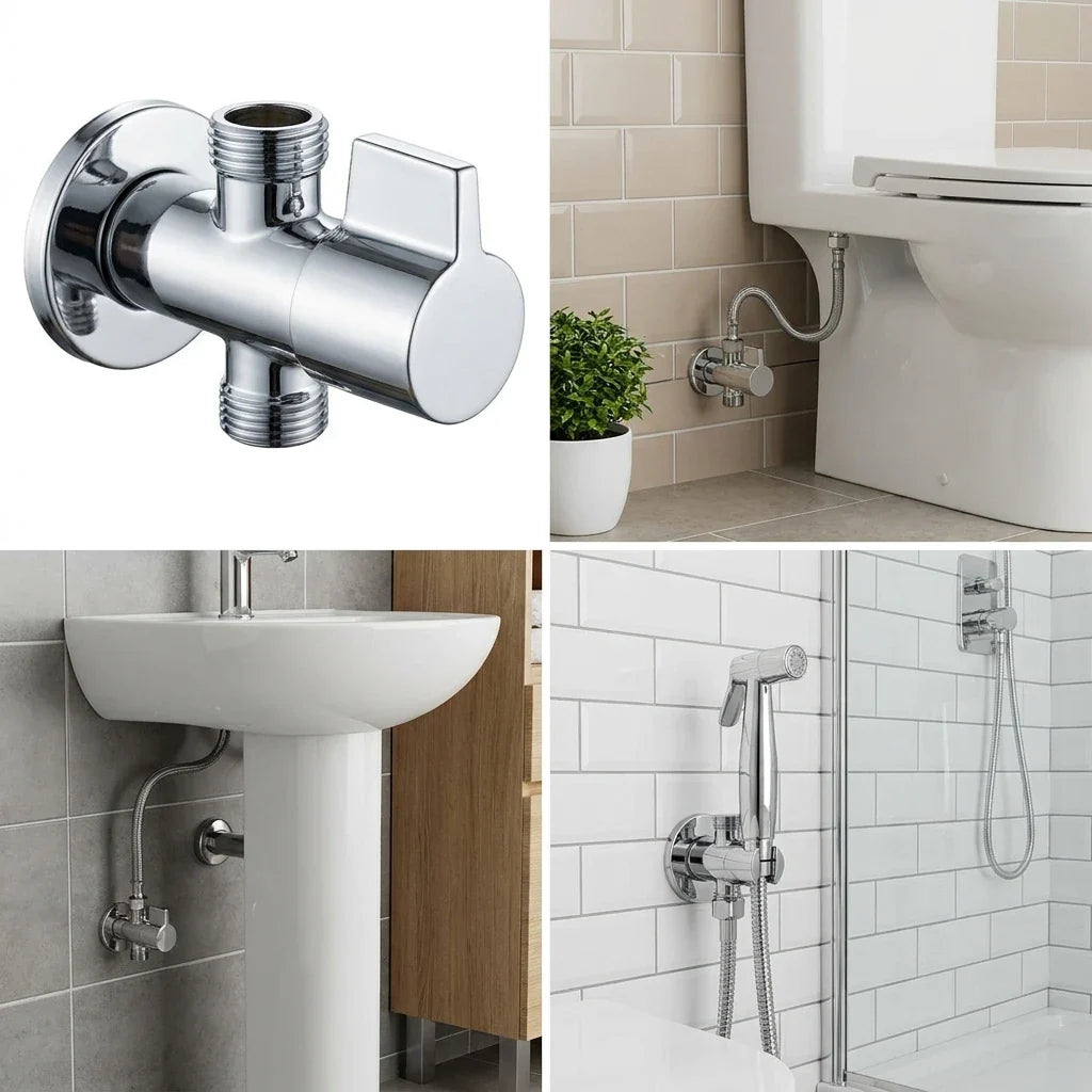 Three-Way T-Type Shower Diverter Valve G1/2 Inch Brass Faucet Connector Bathroom Water Diverters Adapter for Shower
