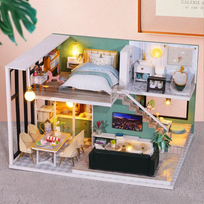 DIY Wooden Doll House Handmade Duplex Apartment Production 3D Puzzle Assembly Building Duplex Apartment Model Toy Children Gifts