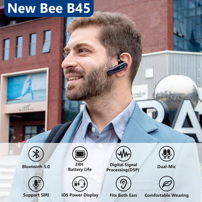 New Bee B45 Bluetooth Headset Wireless Earpiece for Driving Earphone with Dual Mic Earbuds CVC8.0 Noise Reduction Headphones