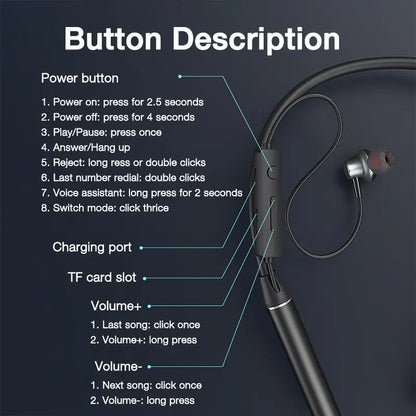 Wireless Headphones 180 Hour Endurance Bluetooth Bass Headset with Mic Stereo Neckband Earphones Sport Auriculares For TF Card