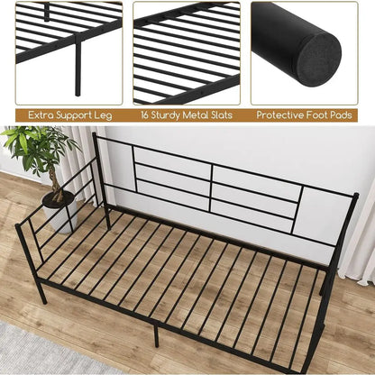 Single Day Bed with Metal Frame, 28cm Underbed Storage, Slat Support, Black Mattress Platform, 90x190cm Mattress for Living Room