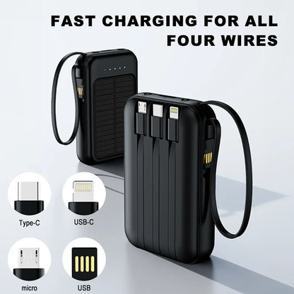 20000mAh Portable Solar Power Bank Built in 4 Cables External Battery Pack  Mini Powerbank  with LED Light for Cell Phones
