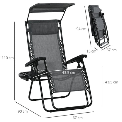Outsunny Foldable Reclining Garden Chair with Headrest,with Footrest, Armrest, Cup Holder & Canopy Shade,Light Grey  ﻿