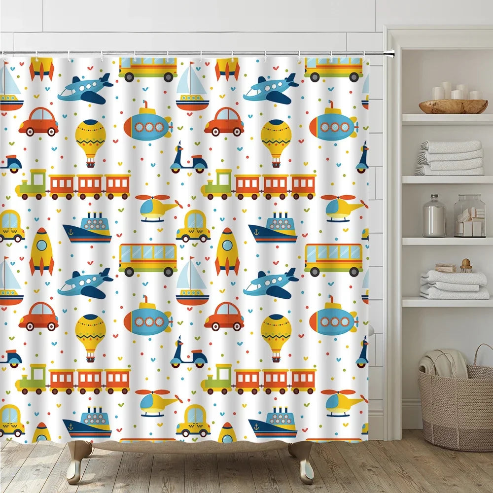 Cartoon Car Bathroom Decor Set Teens Transportation Car Shower Curtain for Kid Boy Girl Truck Bus Taxi Bath Mat Rug Toilet Cover