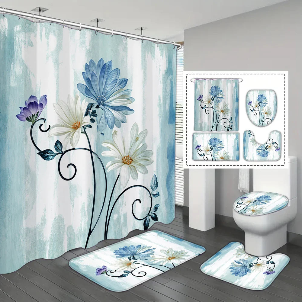 4-piece set of blue white jade orchid waterproof printed shower curtains with 12 hooks, bathroom floor mats