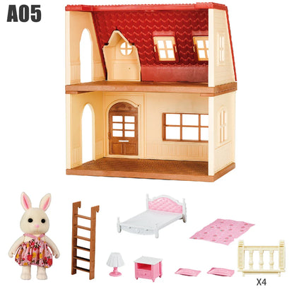 Family Dollhouse Furniture Playset Cabin Doll House DIY Cottage Pretend Play Kitchen Dollhouses Rabbit Dolls Birthdays Gifts