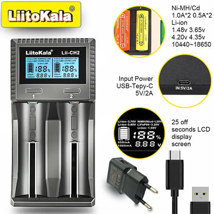 LiitoKala Lii-CH4 Smart Charger for 18650/21700/26650/AA/AAA/Ni-MH/Li-ion,1.2V/1.5V 4-Slot Fast Charge, USB-C, Auto Detect