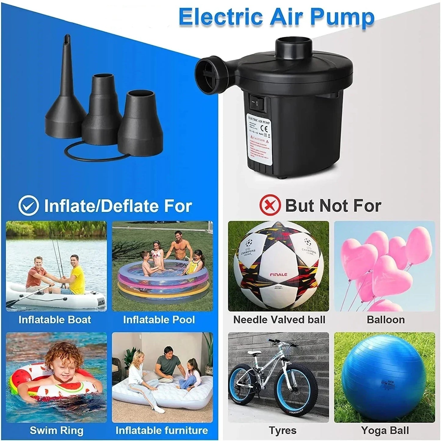 Portable Electric Air Pump High Pressure Fast Inflator Deflator for Air Mattress Inflatable Boat Pool Floats Outdoor Blower